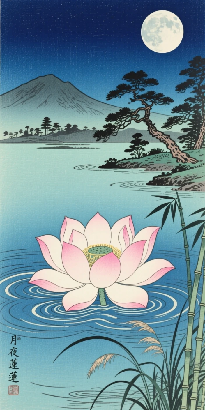 A giant lotus flower blooming atop a moonlit lake, drifting silently through the night.