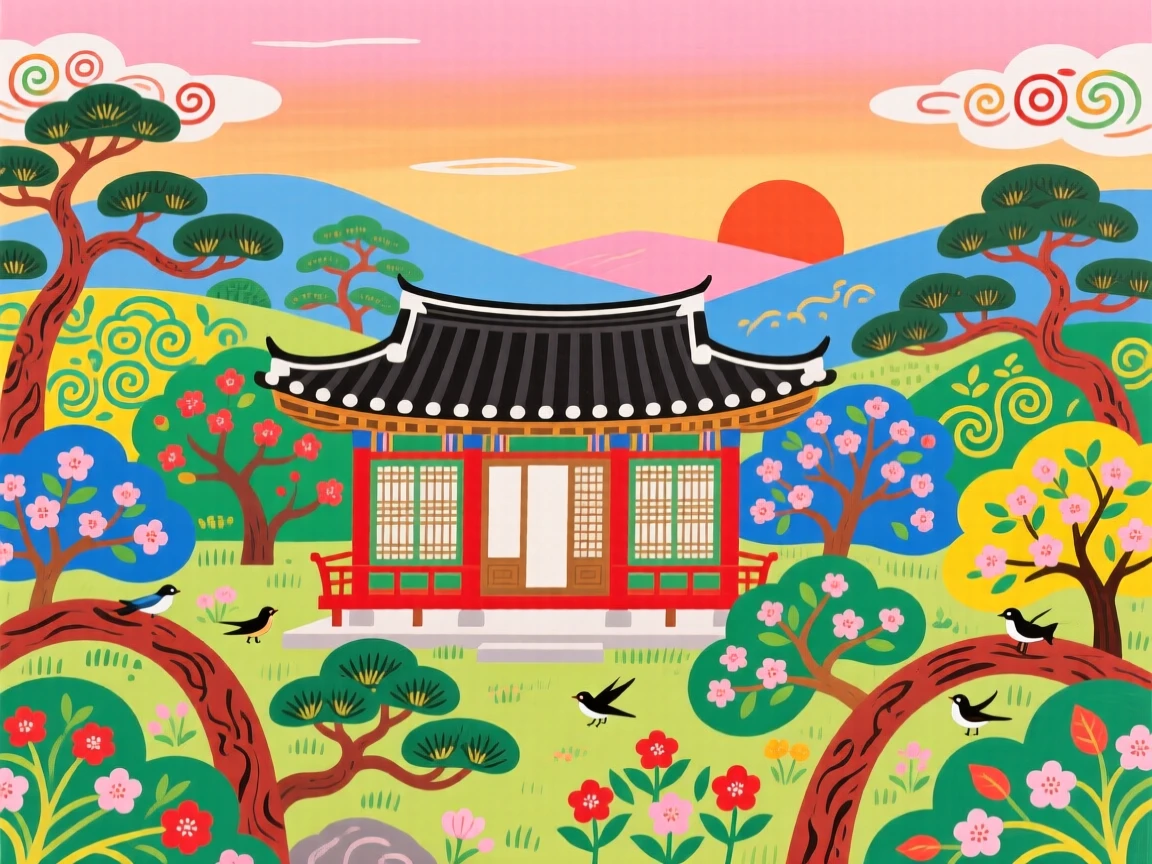 A garden pavilion, as the first light of sunrise breaks over the horizon.