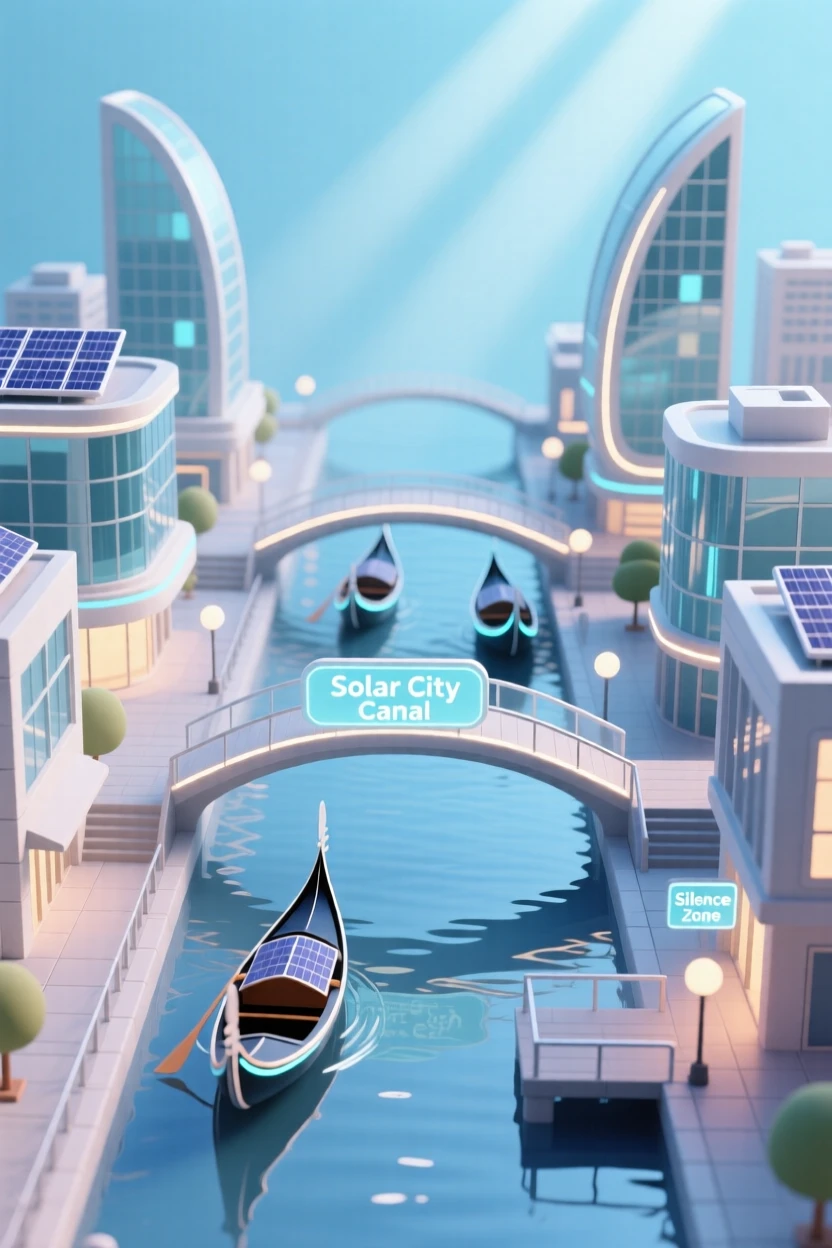 A futuristic canal city with solar-powered gondolas gliding silently beneath glowing suspended walkways.