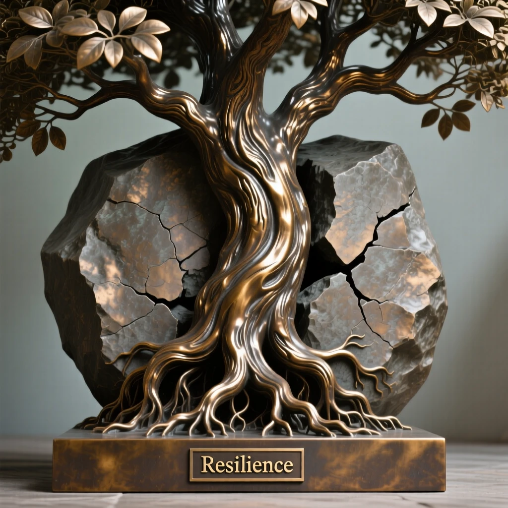 A tree growing through solid stone, symbolizing resilience, composed with striking clarity and a strong central focal point, evoking deep emotional resonance