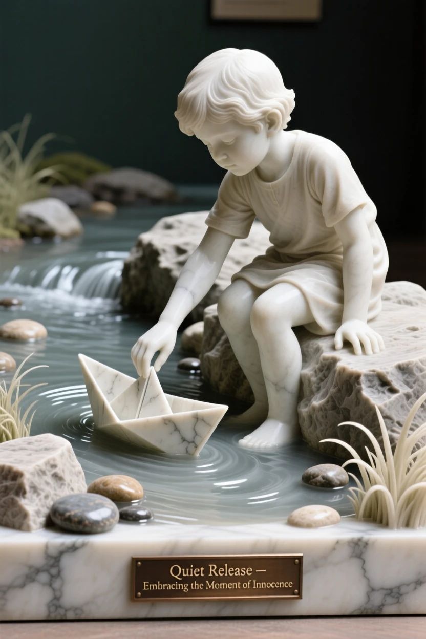 An evocative depiction of a child releasing a paper boat into a stream, in a moment of quiet stillness, balancing detail with emotional depth