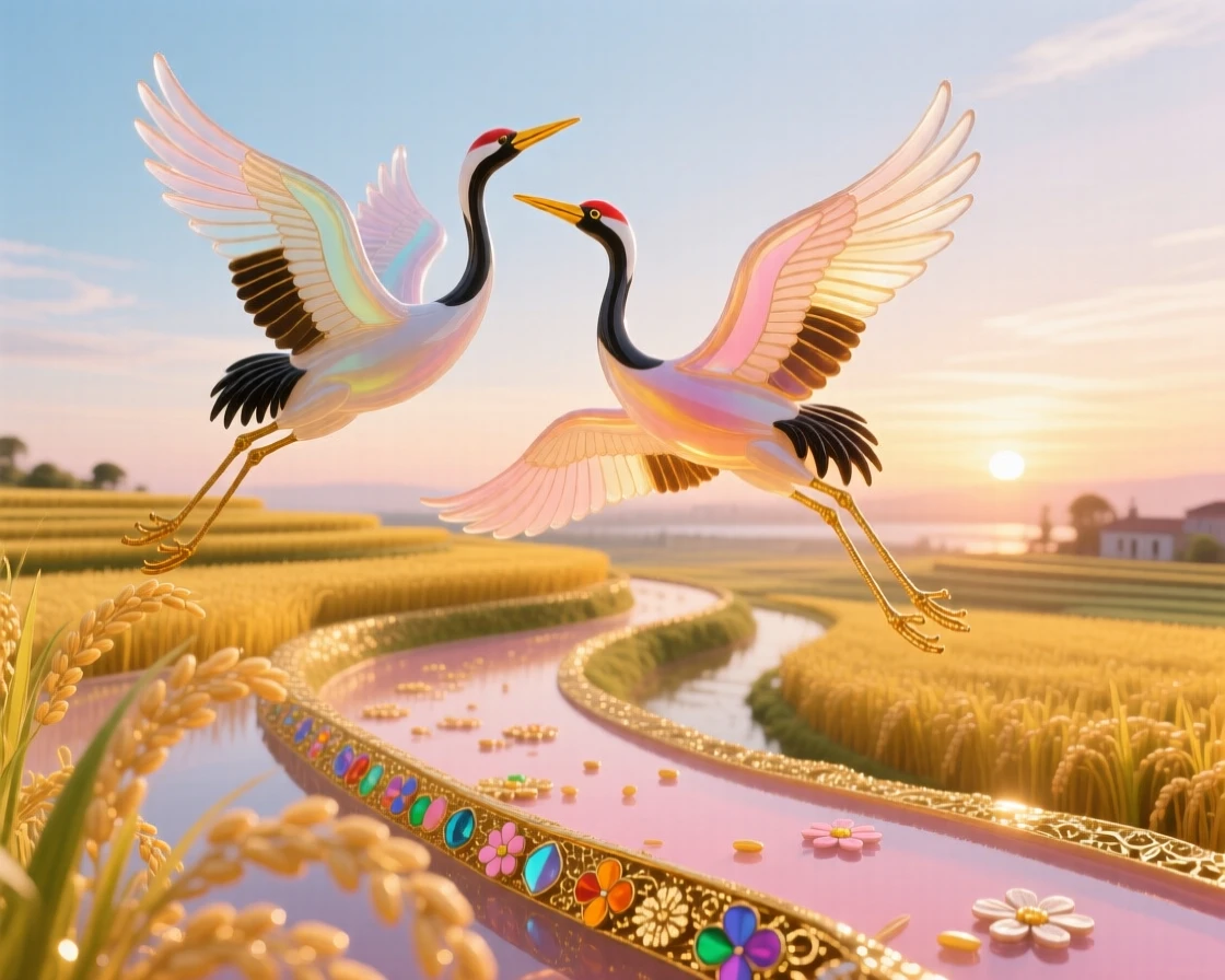 A pair of cranes flying together above a golden rice terrace at the very first light, graceful and serene.
