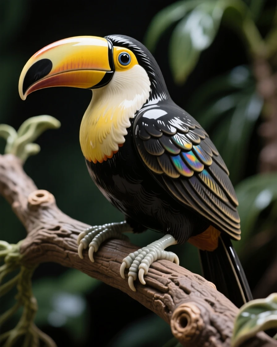 A toucan perched on a jungle branch standing proudly with plumage on full display, its feathers ruffled gently by the wind, radiating delicate, fleeting beauty.