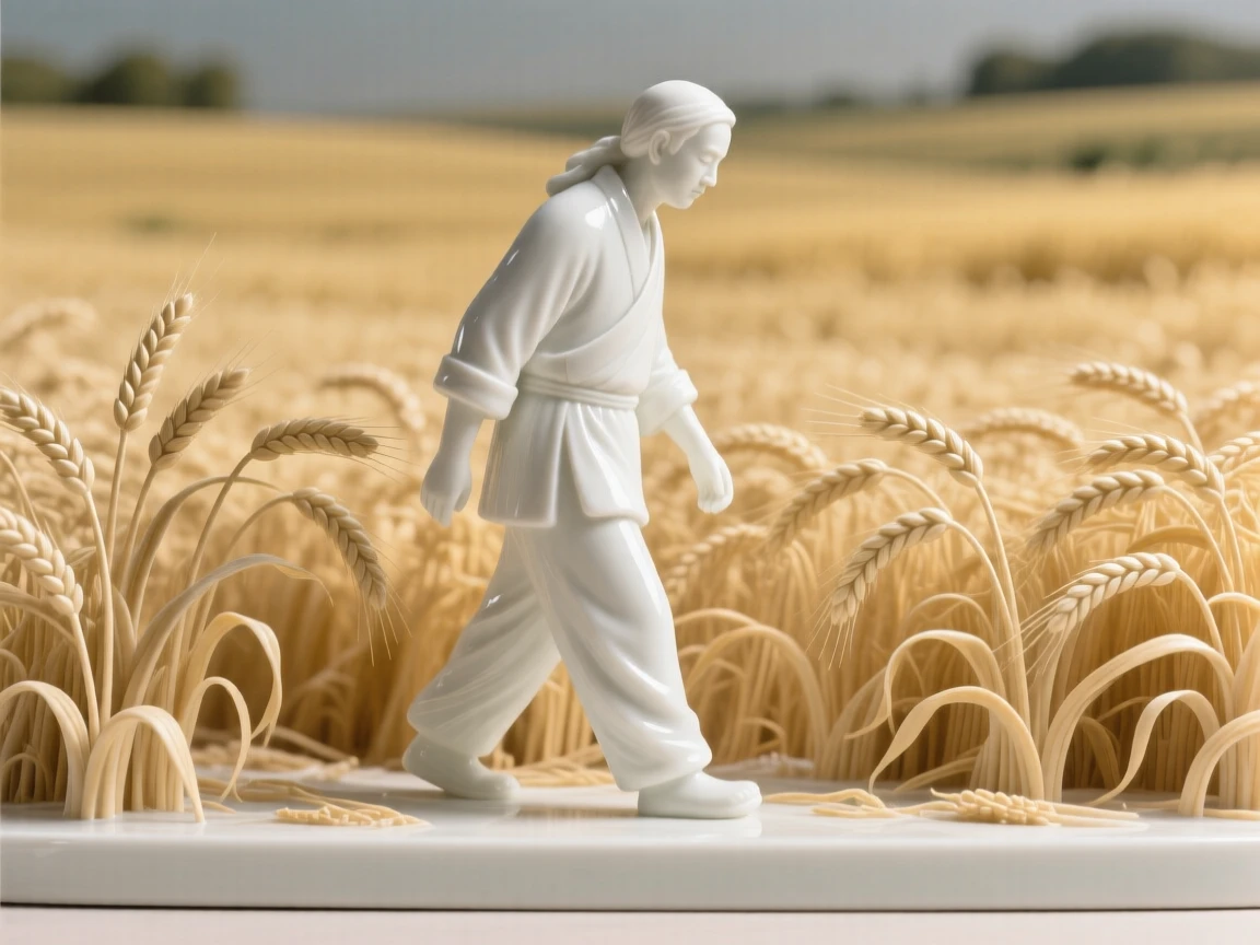 An everyday moment of quiet beauty: a farmer walking through golden wheat fields, quiet, warm, and full of gentle charm.