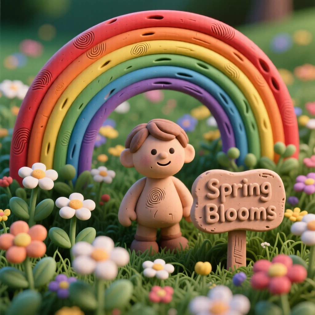 A spring rainbow arching over a field of blooming wildflowers
