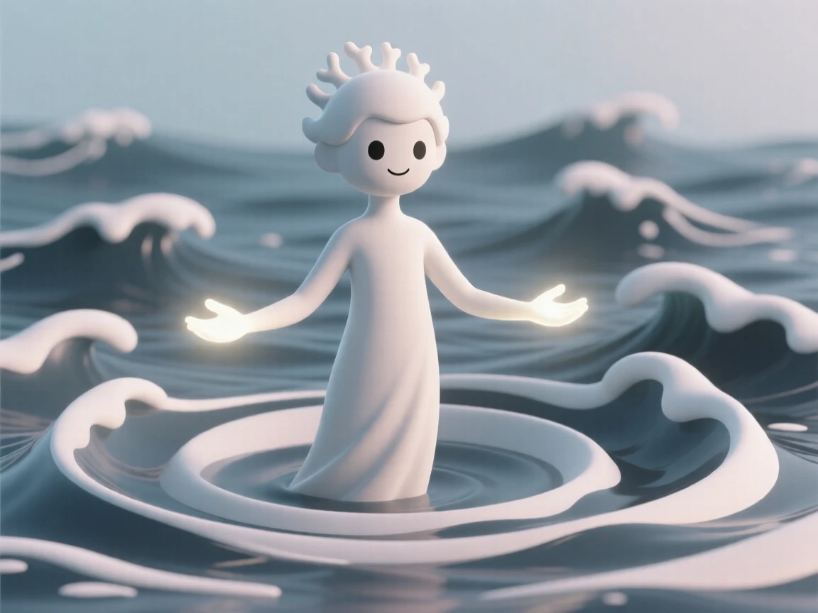 A gentle sea spirit calms a stormy ocean with a single graceful sweep of glowing hands.