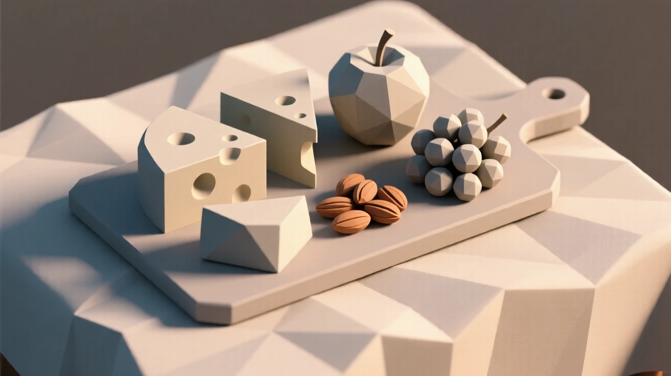 A charcuterie board with cheese, fruit, and nuts, on a linen tablecloth set for breakfast. a shallow depth of field keeps focus on the food. The scene feels warm and comforting.