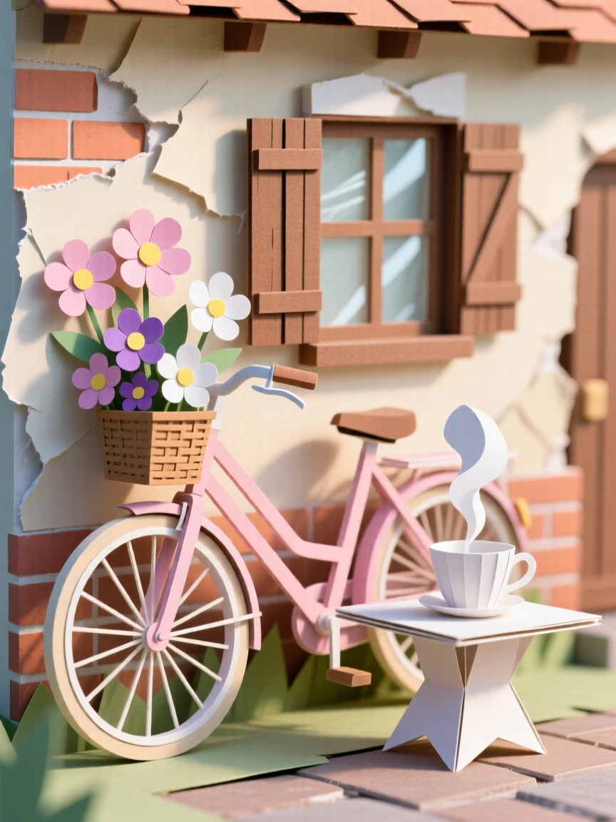 A flower-covered bicycle leaning against a cottage wall bathed in soft morning light, with steam rising gently from a warm drink, evoking cozy domestic warmth.