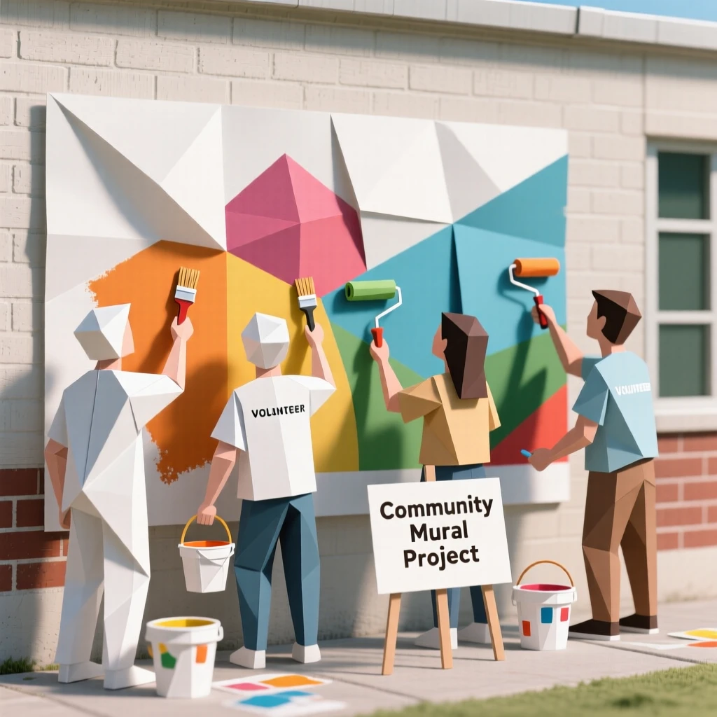 A community volunteer group painting a mural together on a school wall.