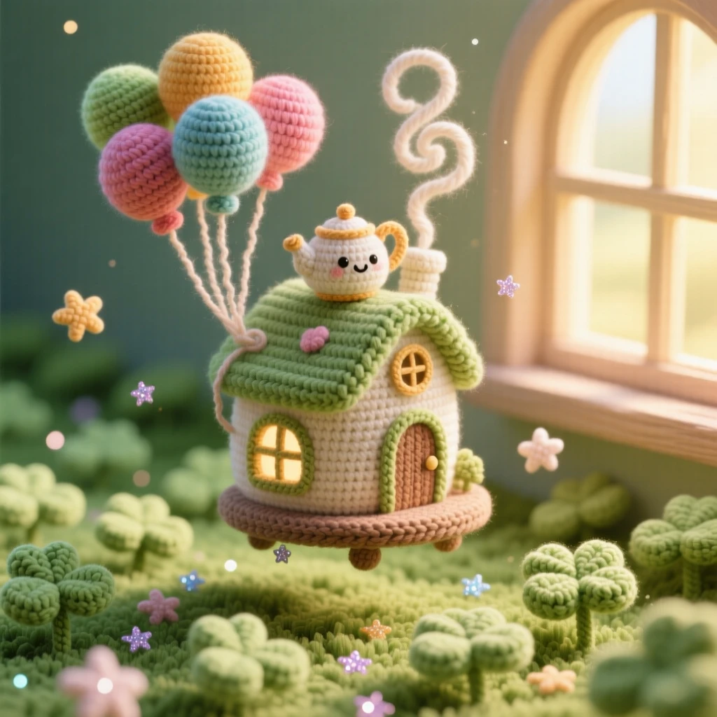 An imaginative scene of a small floating tea house held by balloons with steam curling from a tiny kettle, drifting above a field of clover resting on a warm sunlit windowsill; a scattering of stardust in the air nearby, full of quiet delight in an impossible little world.
