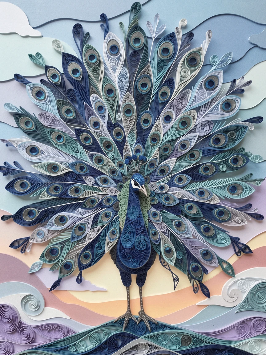 a peacock displaying its full iridescent tail, beneath a wide open sky at dawn, shot from a low, powerful ground-level angle, in cool blues and silvers of early dawn.