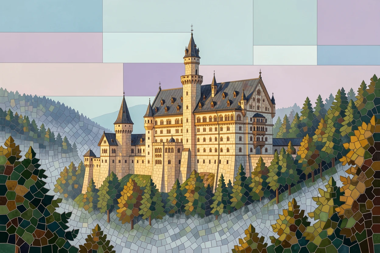 A breathtaking wide-angle view of Neuschwanstein Castle rising from a misty Bavarian forest, with rich warm lighting and fine architectural detail.