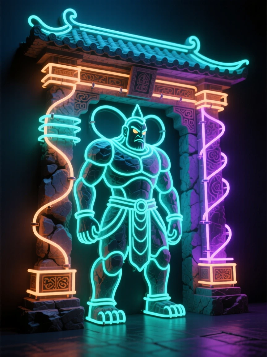 A guardian golem carved from living stone standing at a temple gate.