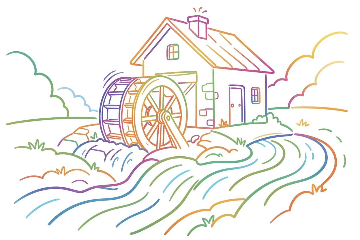 A rustic watermill turning slowly beside a rushing stream.