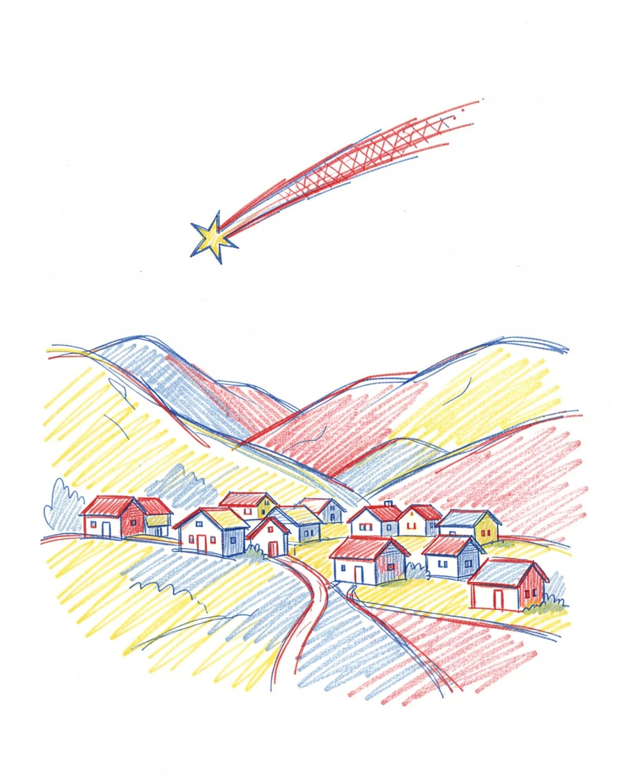 A shooting star streaking above a sleeping mountain village