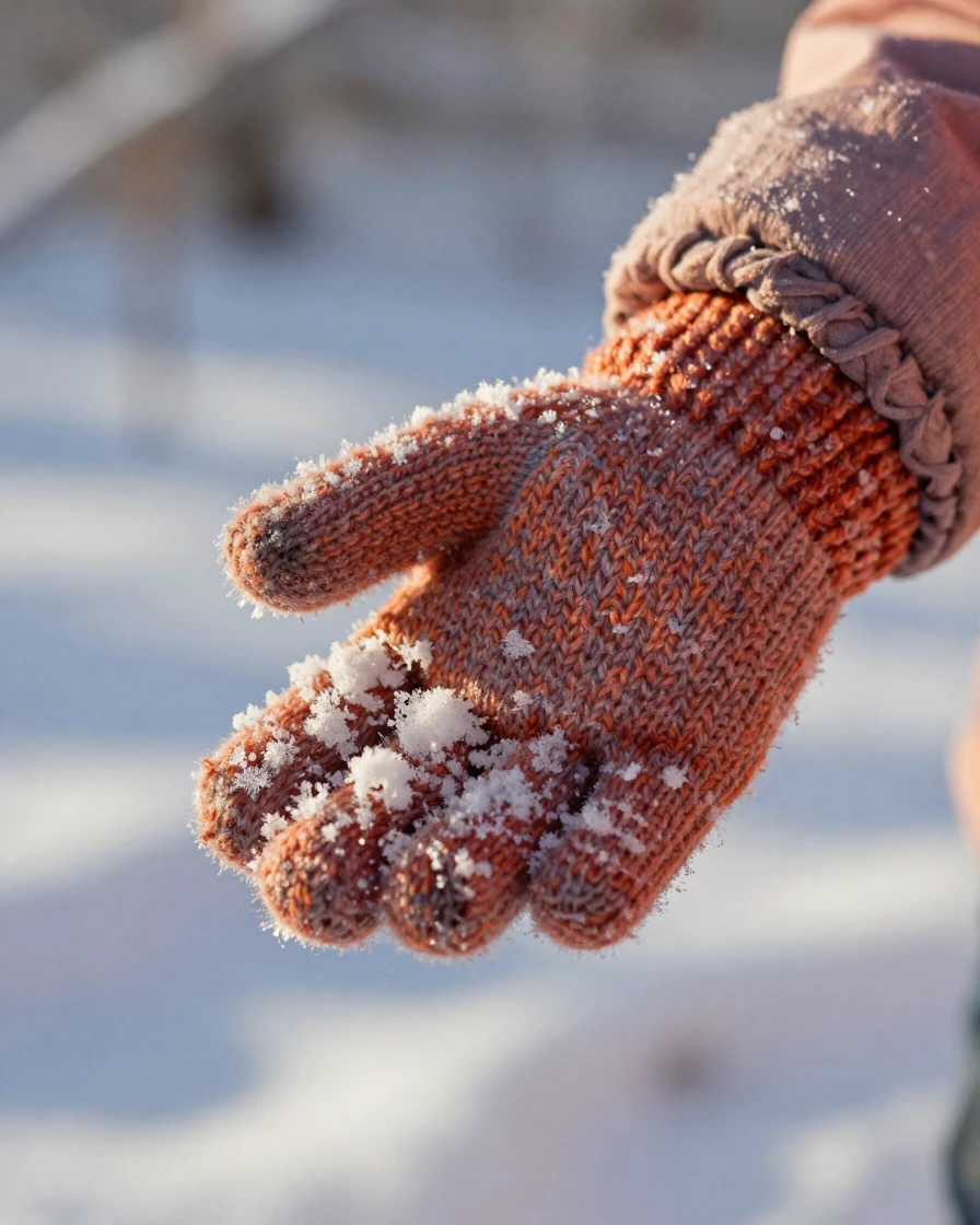A child's mitten-covered hand catching snowflakes