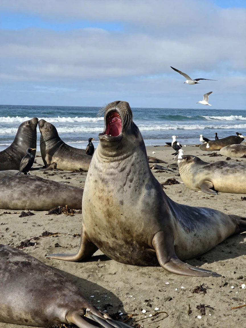 A wild elephant seal bellows loudly on a crowded beach breeding ground.