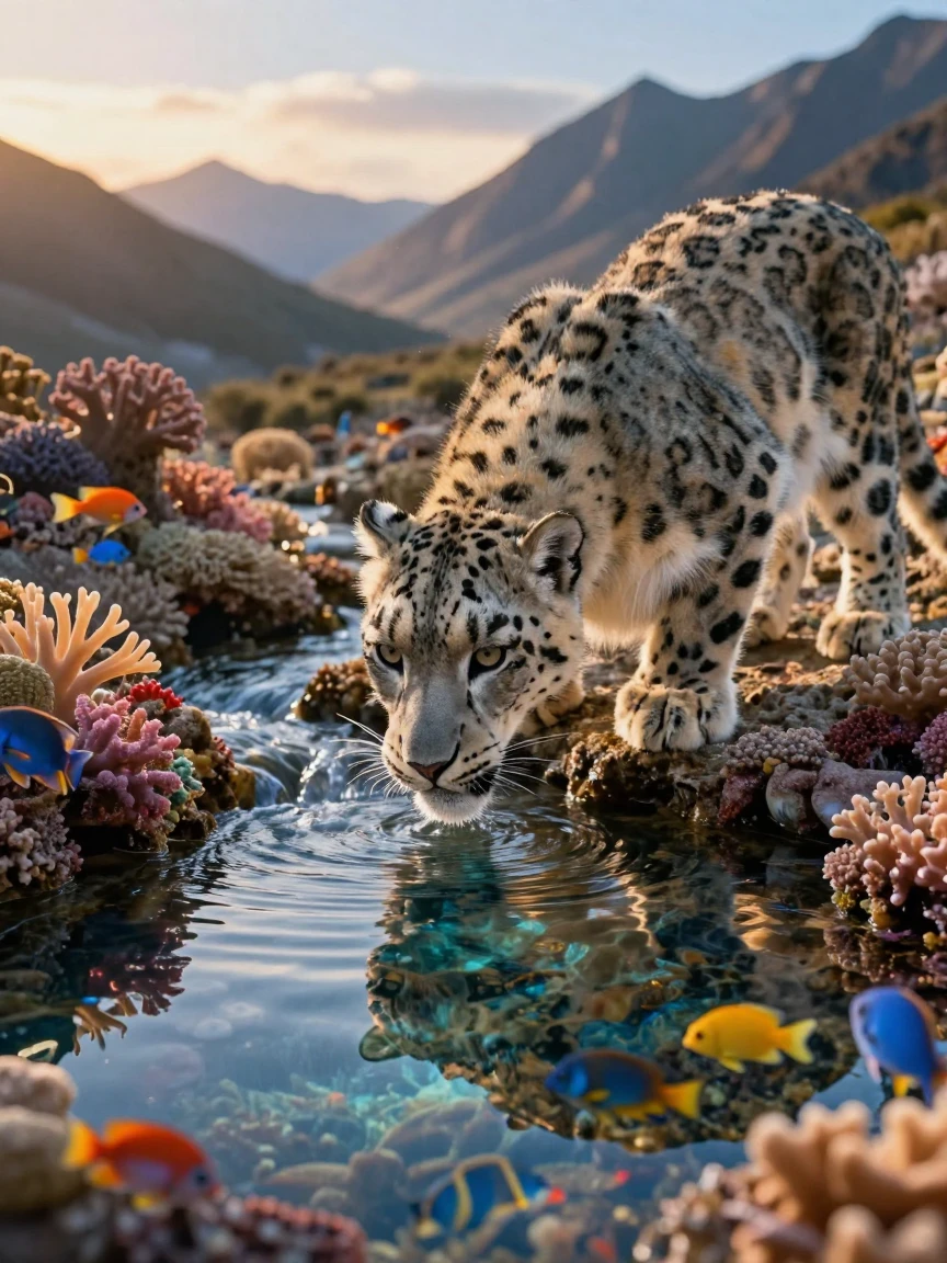 A snow leopard drinking from a clear mountain stream within a coral reef teeming with life