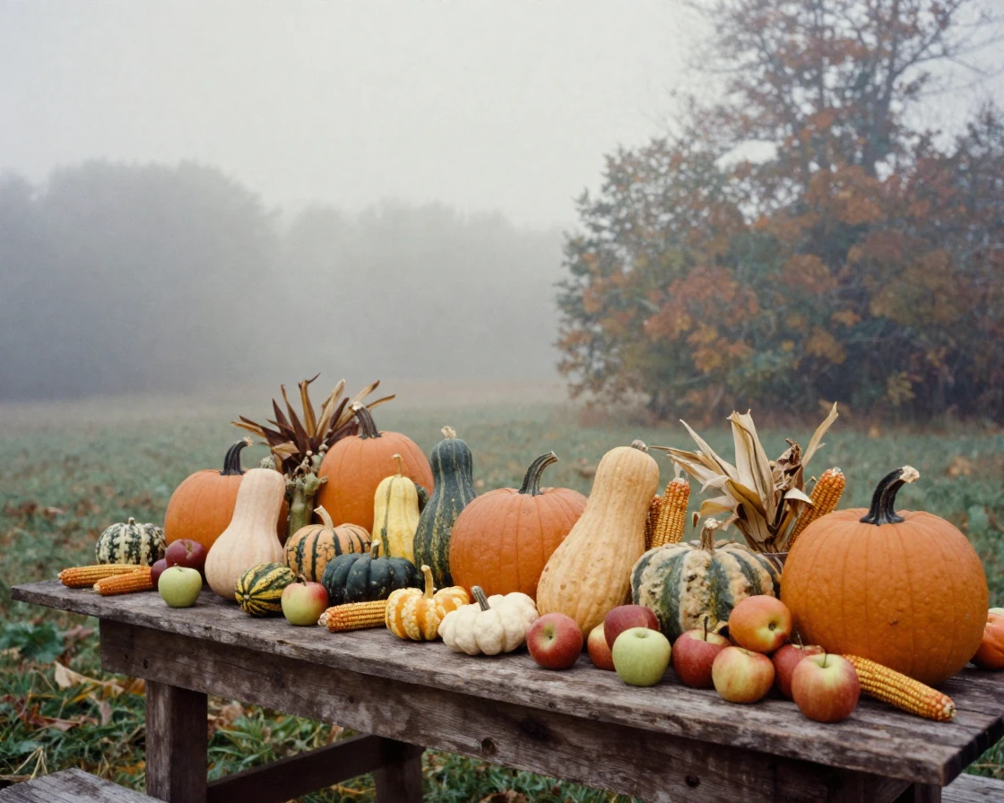 A harvest table laden with squash and autumn produce, under a pale winter sky, in thick rolling fog, in autumn, with deep emerald greens and browns, from a slightly elevated vantage point.