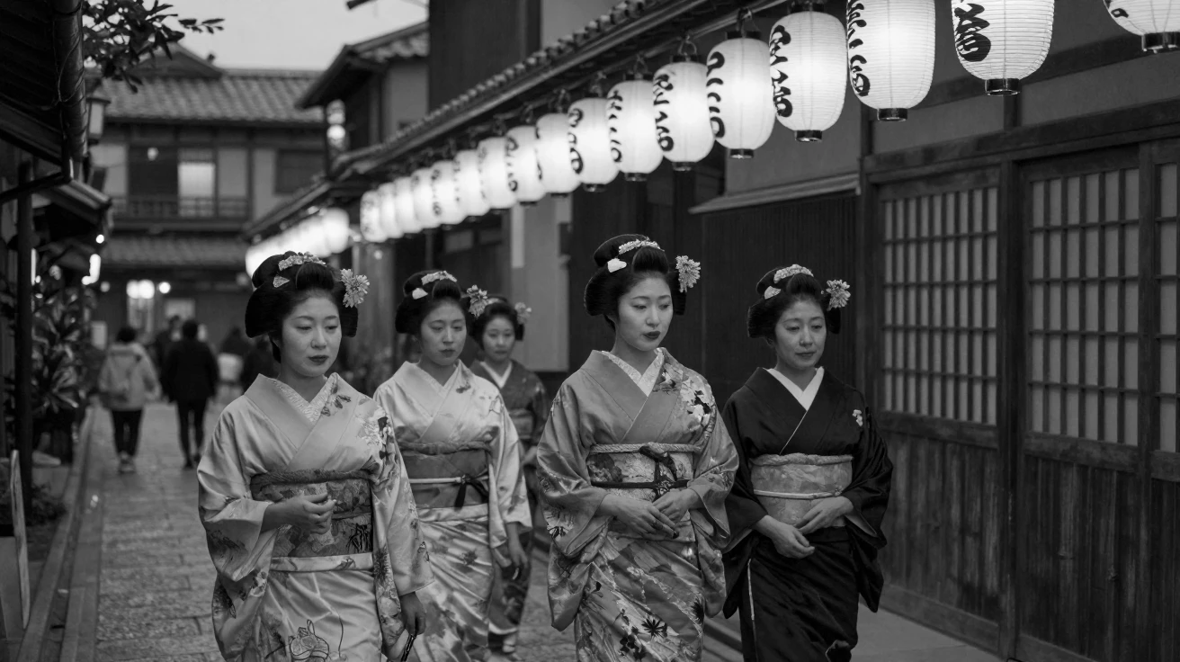 A group of geisha walk gracefully through a paper-lantern street past traditional wooden teahouses.