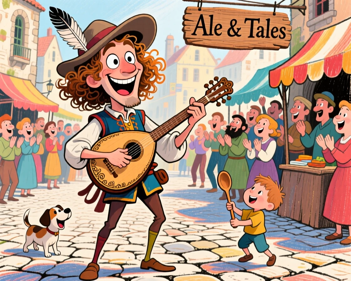 A medieval troubadour serenading a crowd with a lute in a bustling town square.