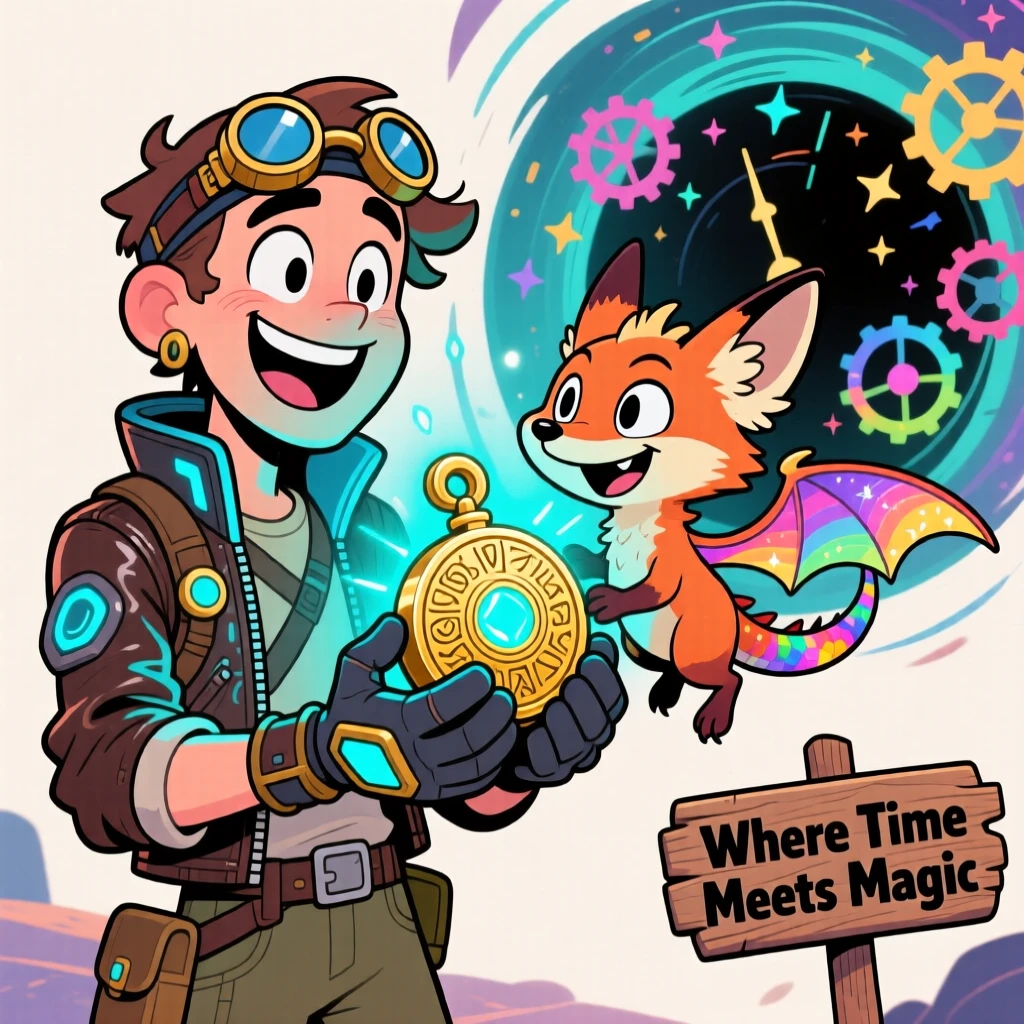 An imaginative fantasy scene of a time-traveling explorer befriending an unlikely magical creature, with a legendary artifact clutched tightly.