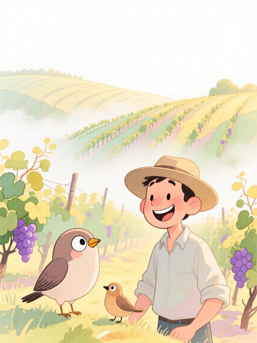 A serene landscape of a rolling vineyard bathed in warm light wrapped in gentle mist