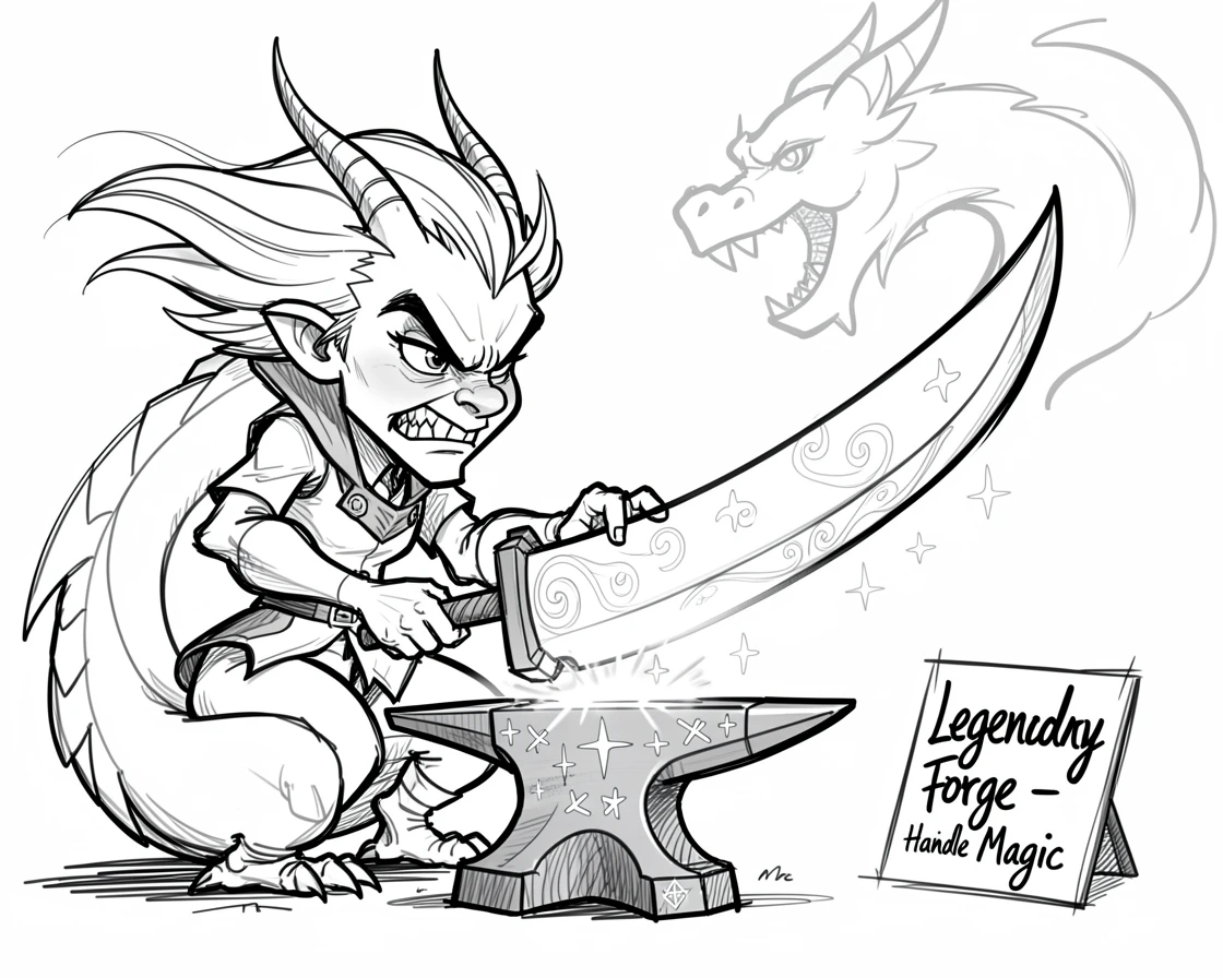 [Fantasy & Imaginative Scenarios] Imaginative fantasy scene of a mystical dragon rider forging a legendary enchanted blade, brimming with wonder