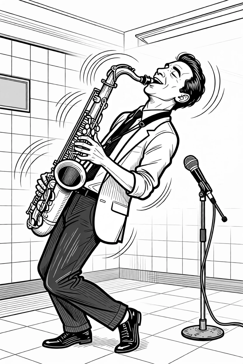 A jazz saxophonist leaning back in an emotional solo, plucking with fingers moving faster than the eye can follow, set in a subway station with great acoustics. A worn microphone stand tilts slightly from the energy. It captures the pure ecstasy of a performance in full swing.
