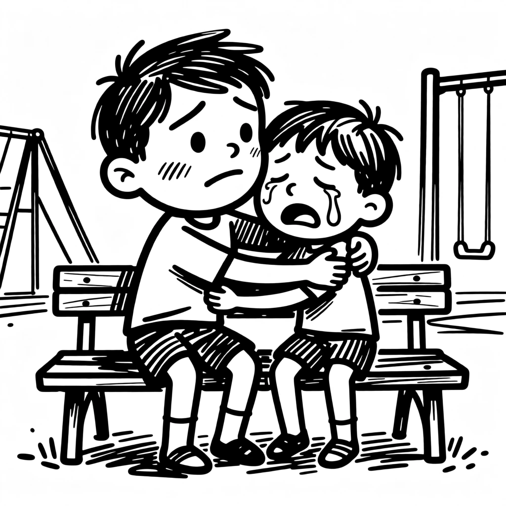 A child comforting a crying friend with a warm hug on a playground bench.