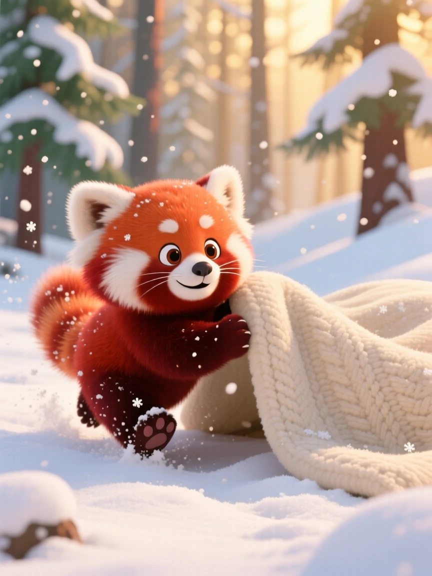 A baby red panda is hopping through freshly fallen snow, nuzzling against a soft blanket. The mood is soft, tender, and endearing, with a faint smile-like expression.