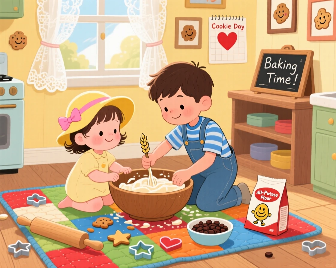 A toddler in a sunhat and her older brother are baking cookies together in a warm kitchen, with a homemade quilt spread beneath them.