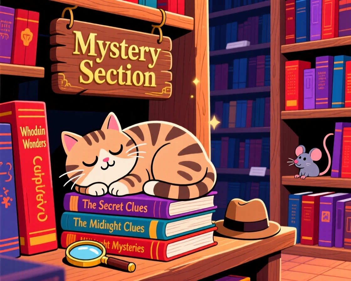 A bookstore cat curled up asleep in the mystery section.