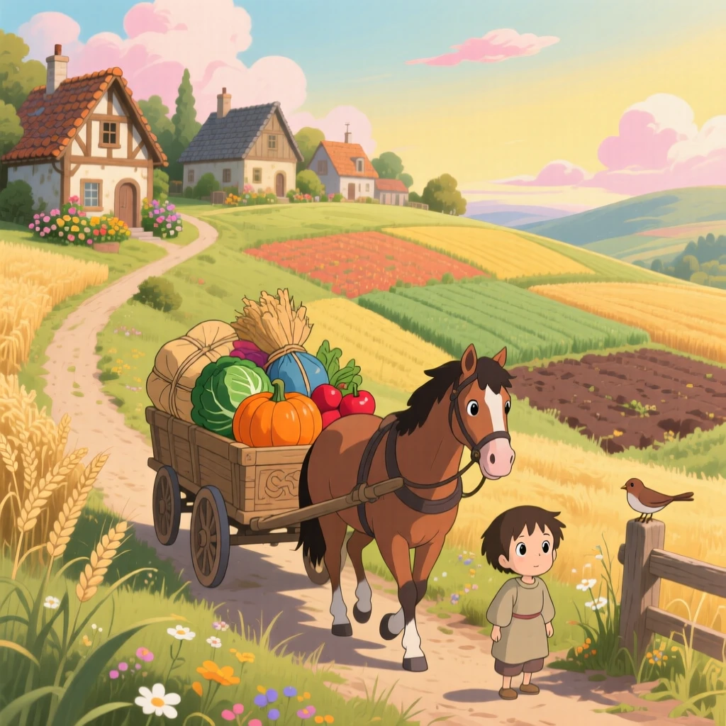 A hillside village overlooking a patchwork of fields, with a horse-drawn cart trundling down the lane, under a warm afternoon sun.