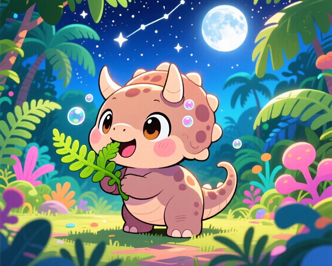 A baby triceratops munching on a fern leaf happily, framed as an over-the-shoulder view within a lush prehistoric jungle, under a starry midsummer night sky, glowing under bright midday sun, evoking bubbly enthusiasm.