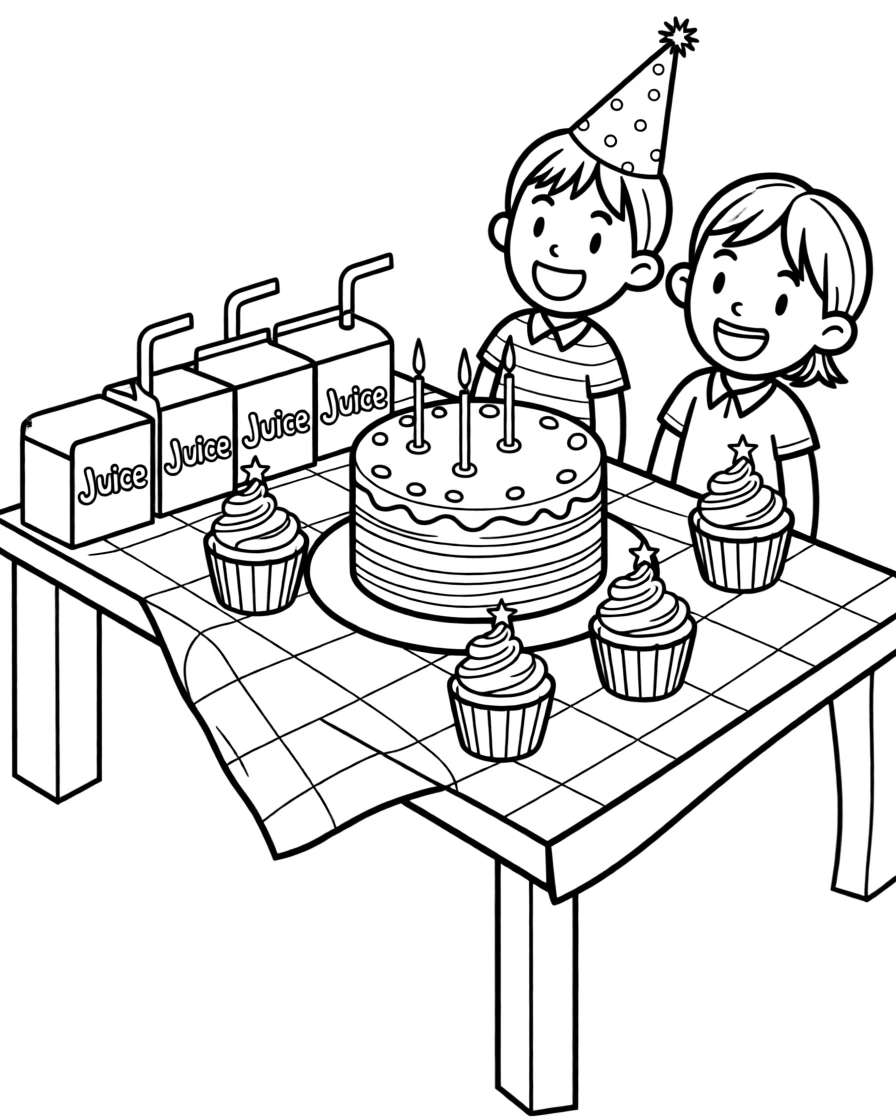A birthday party table with cake, cupcakes, and juice boxes