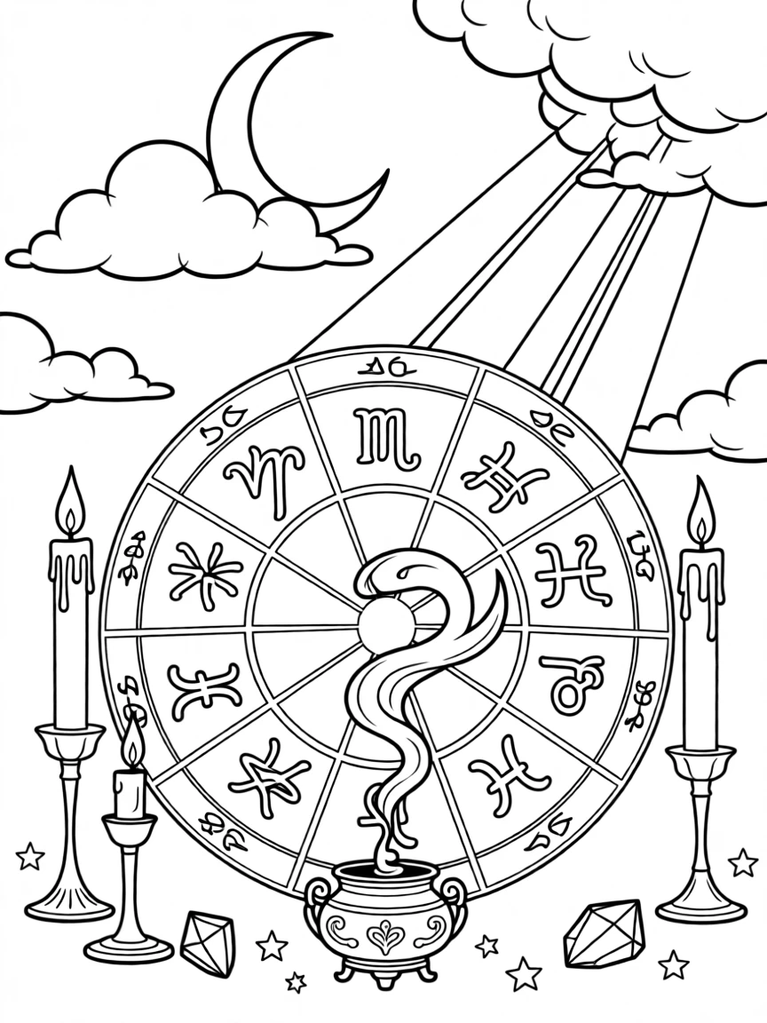 An astrology chart surrounded by candles and incense smoke, with beams of moonlight cutting through the clouds.