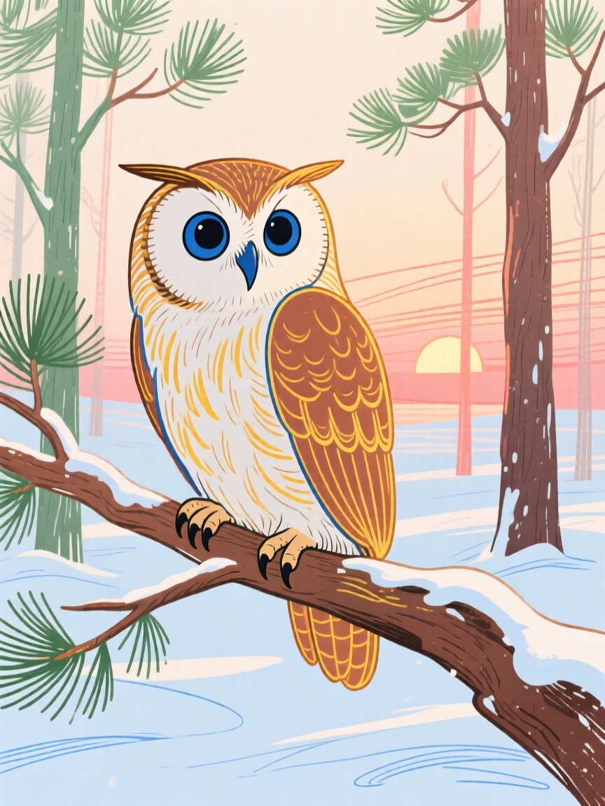 A wise old owl playing in a snowy pine forest at sunrise.