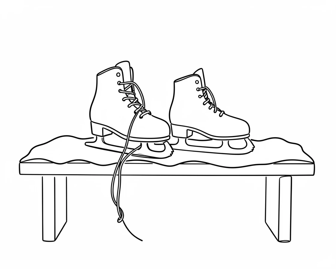 A pair of ice skates with laces tied, resting on a snowy bench