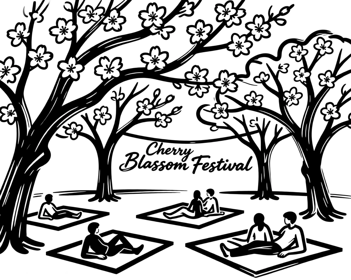 A springtime cherry blossom festival with picnic blankets under blooming trees.