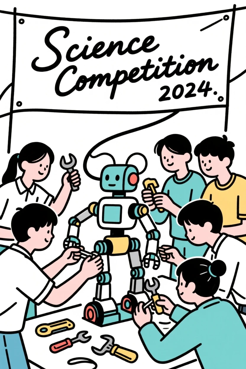 A group of students building a robot for a science competition.