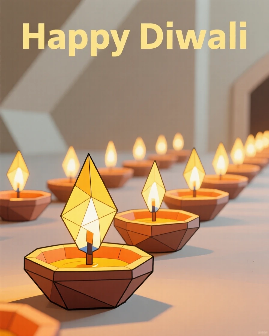 A Diwali scene with rows of glowing oil lamps