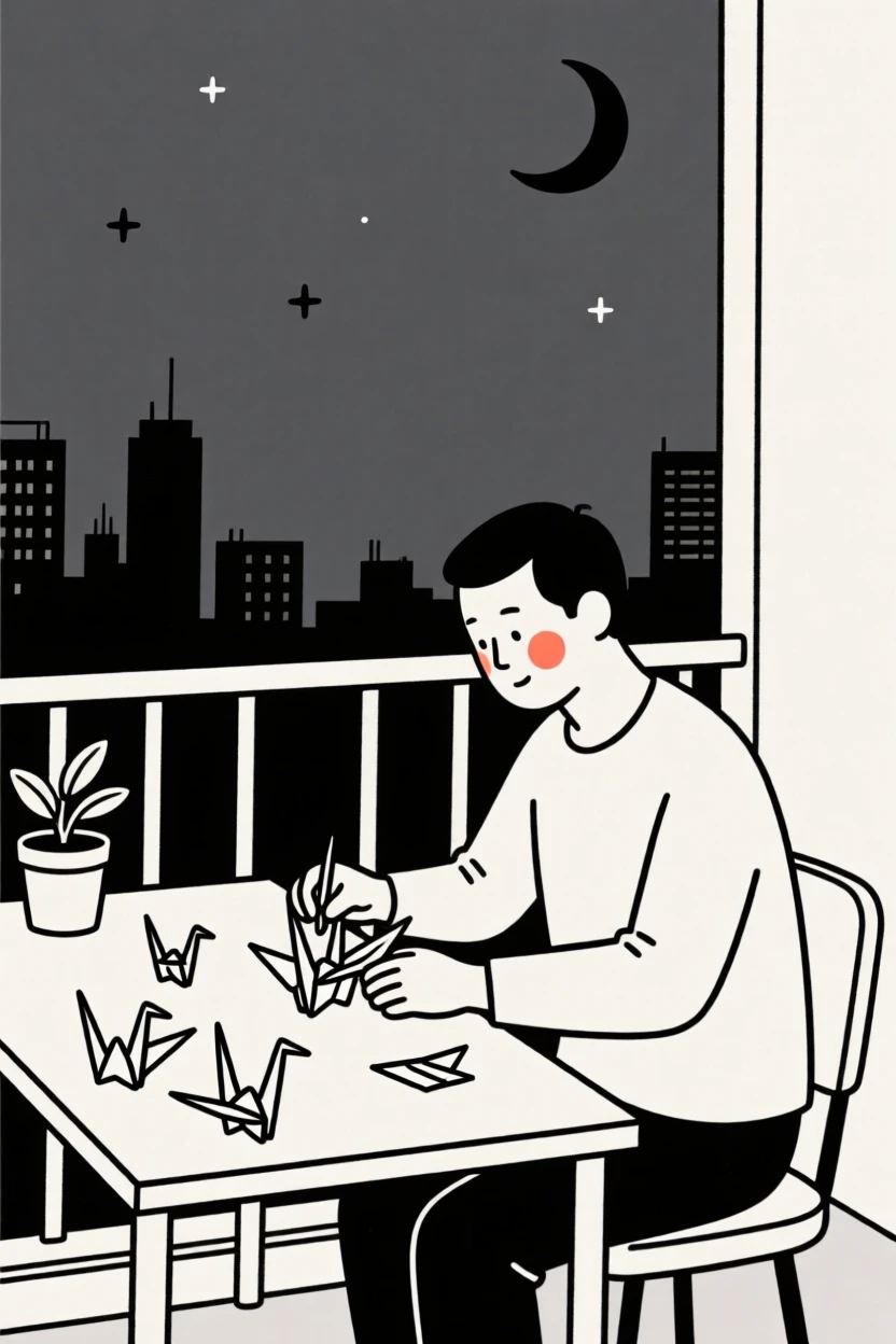 A father folding paper cranes at a desk, on a city balcony at night.