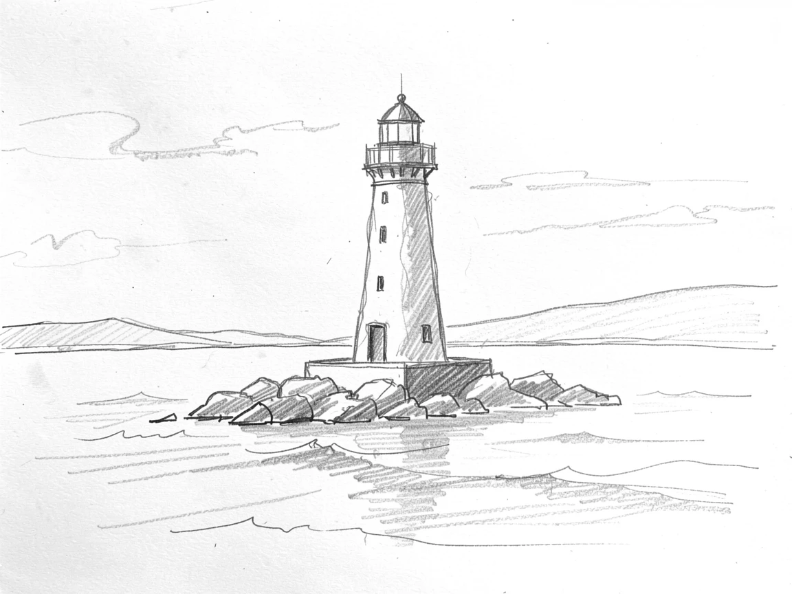 A peaceful moment of a lone lighthouse standing against a calm sea as calm waves lap quietly at the shore, evoking deep calm and clarity.