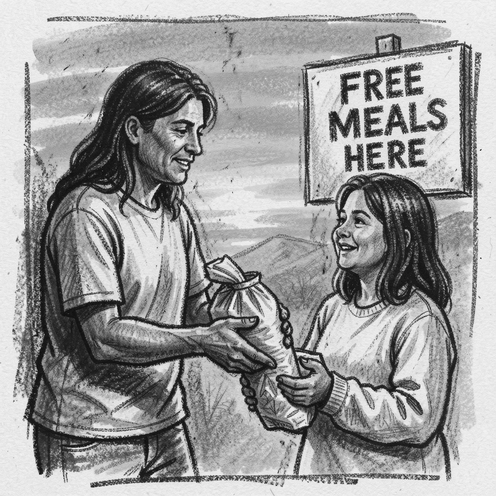 A volunteer handing food to someone in need, beneath a sky streaked with sunset colors.