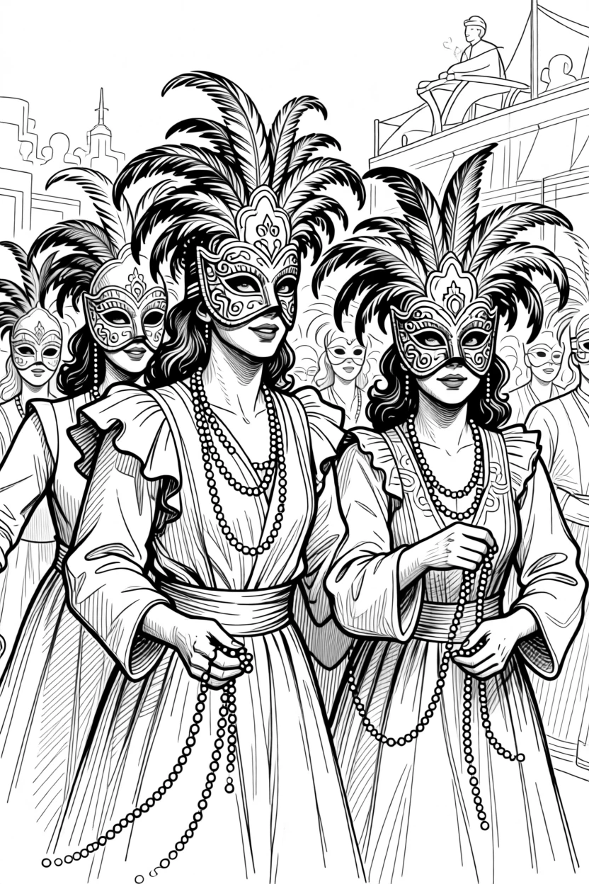 A festive Mardi Gras parade with colorful beads and elaborate masks.