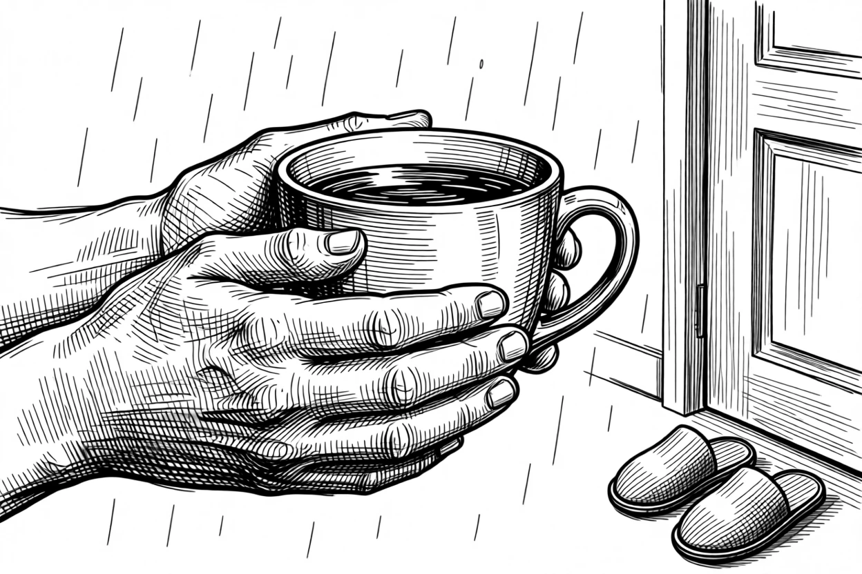 A pair of hands cupping a warm mug of coffee with the sound of rain tapping softly nearby, with a pair of slippers resting by the door, evoking a simply content sense of calm.