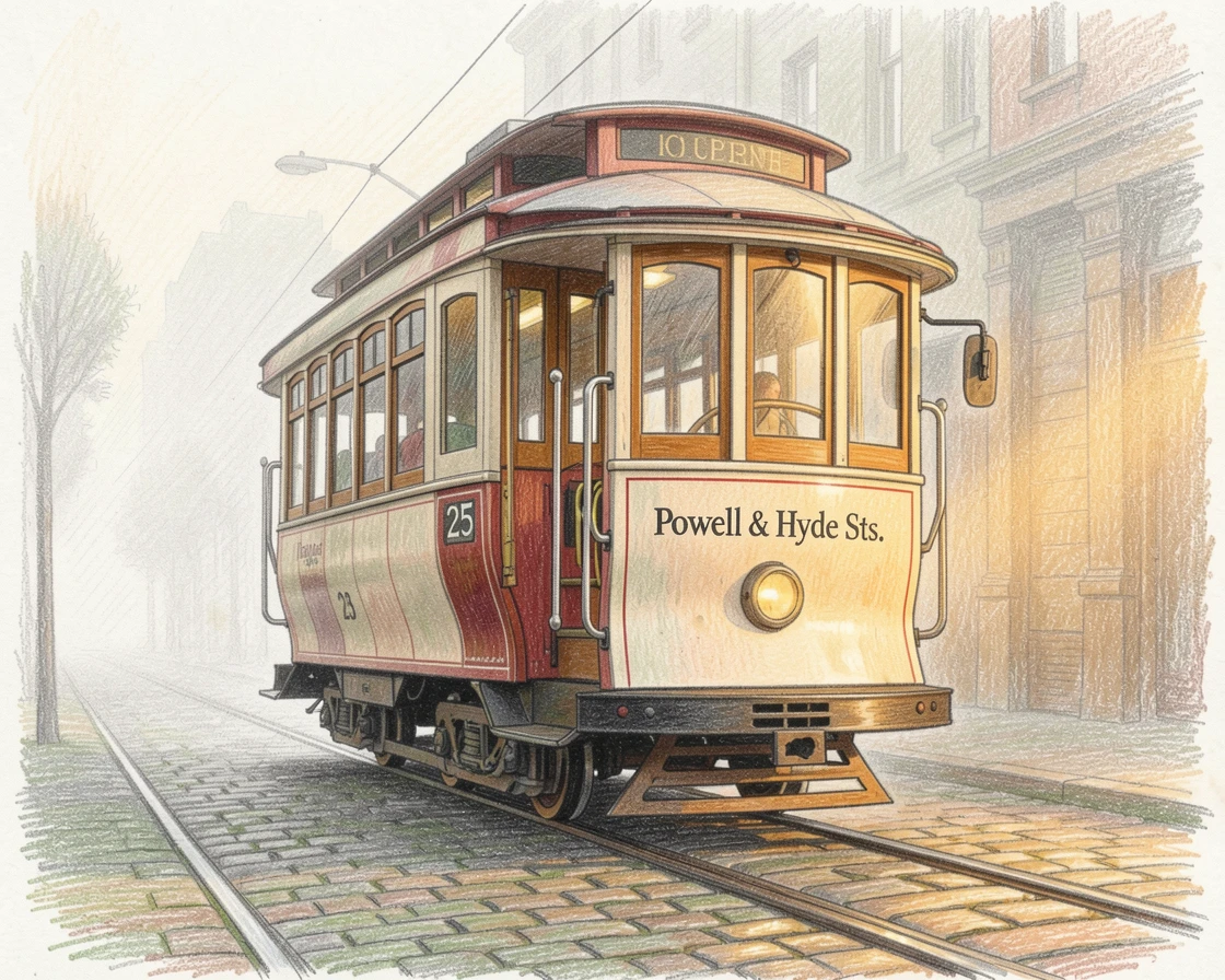 A San Francisco cable car climbing a steep, fog-draped street, bathed in the warm glow of golden-hour light, evoking warmth, beauty, and a lasting sense of wonder.