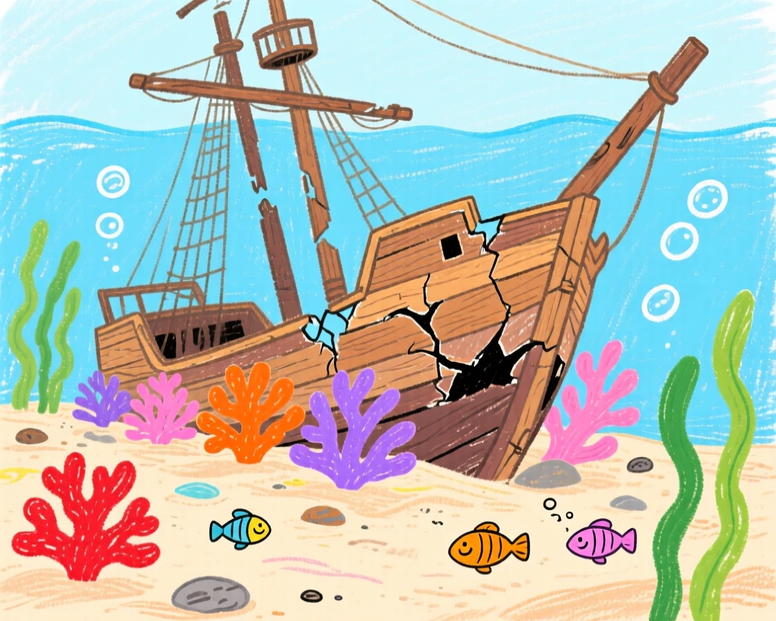 A shipwreck covered in coral resting on the ocean floor.