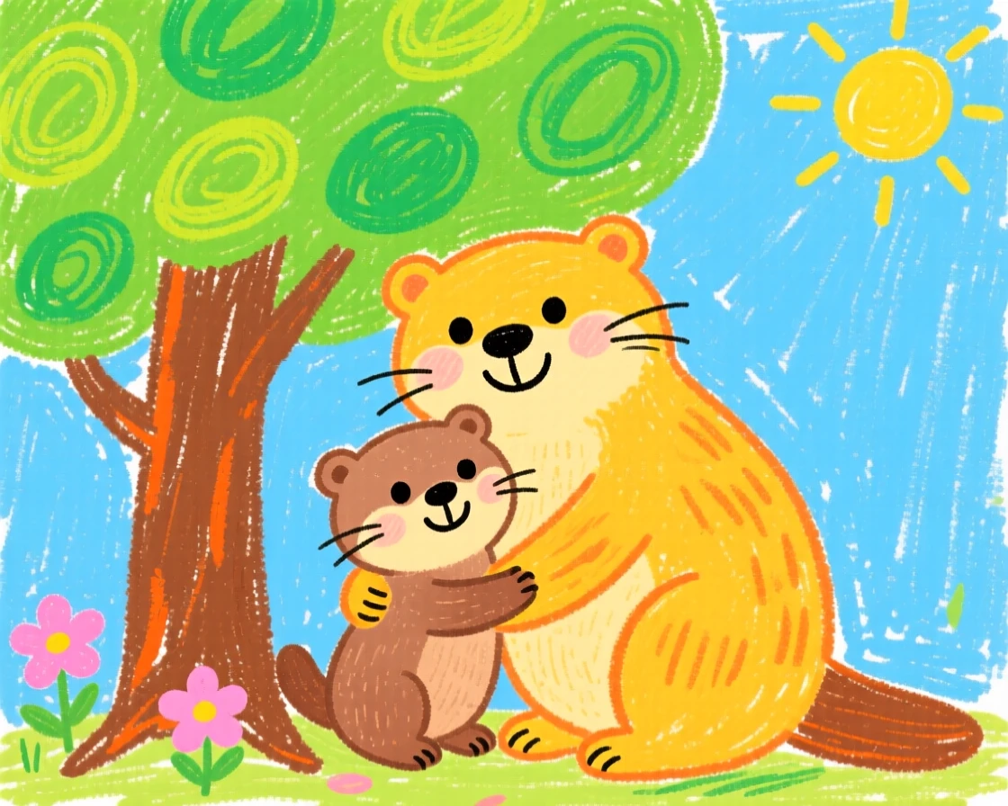 A playful otter pup cuddled beside its mother under a shady tree.